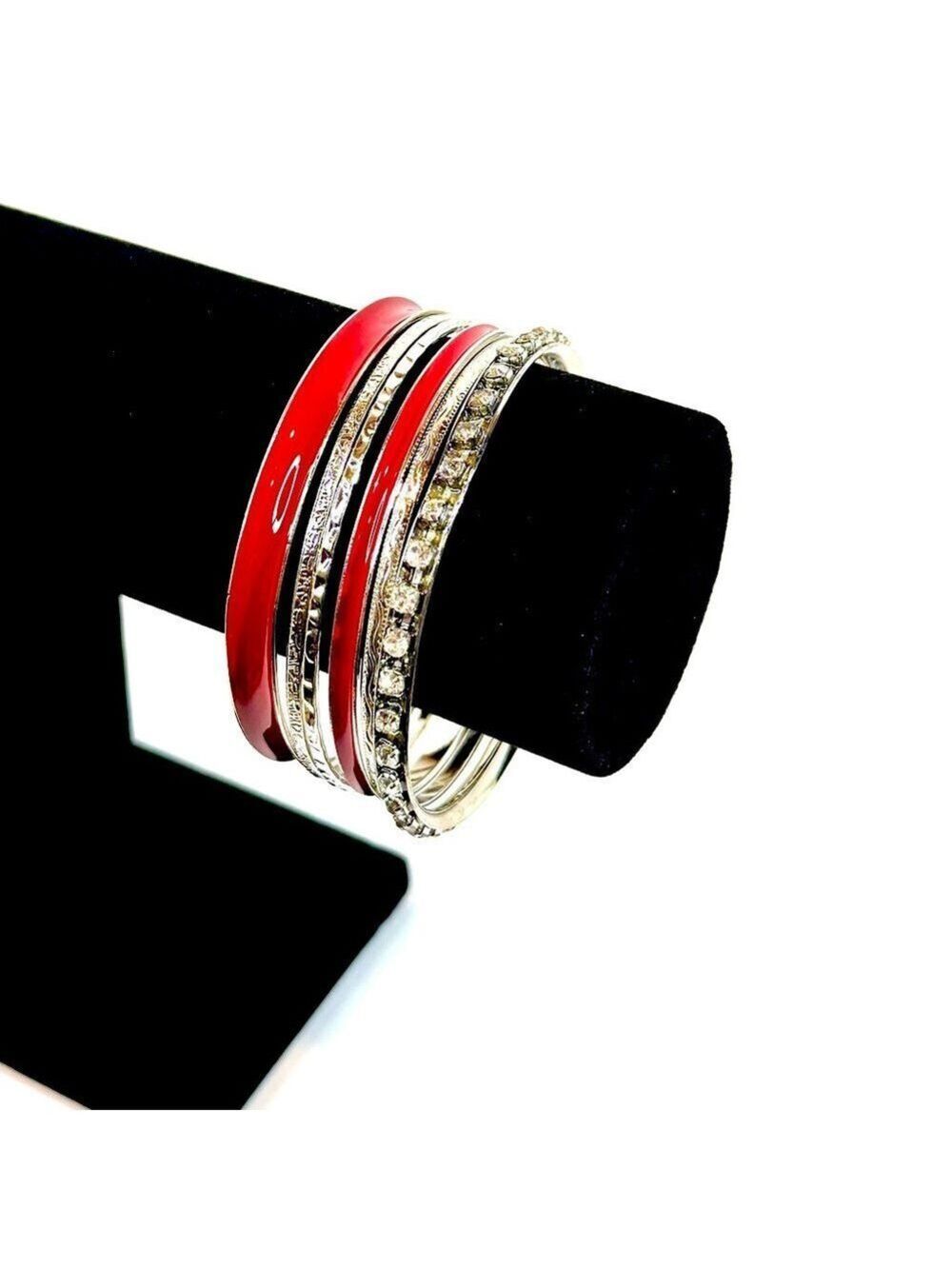 CHICO's Red Silver Bangle Bracelet Set 5 Stackable